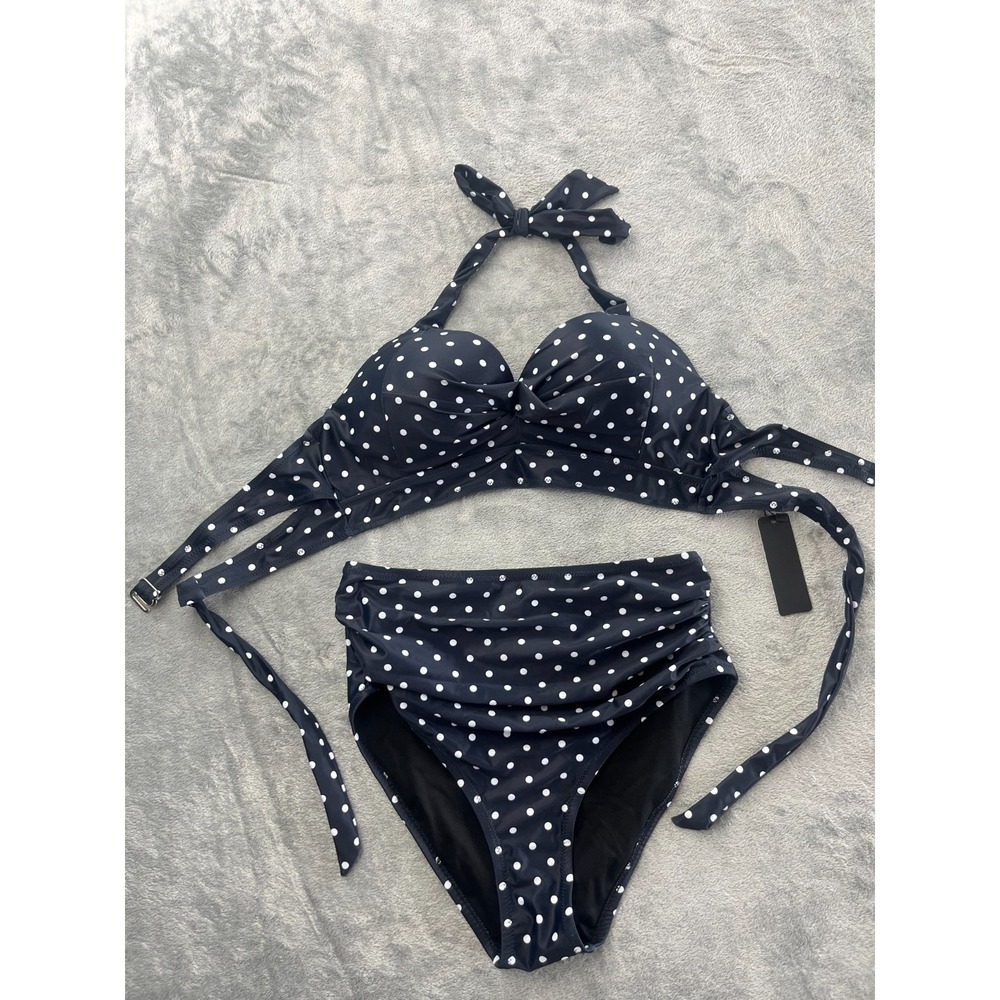 Women Black Polka Dot High Waisted Halter Bikini Two Piece Swimsuit Retro Size M